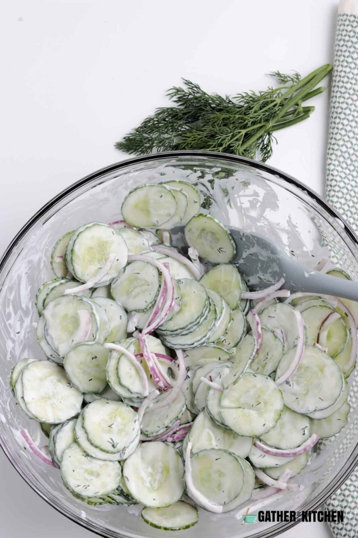 Cucumber salad just mixed in bowl.