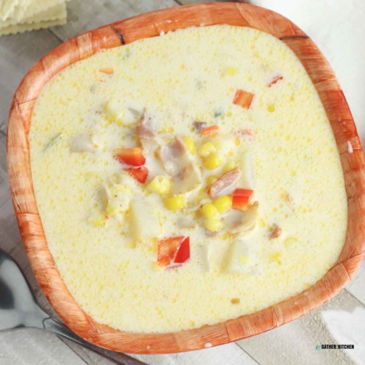 Top down view of instant pot corn chowder in bowl.