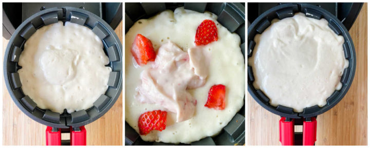Collage: left waffle mix on bottom of waffle maker, middle: cream cheese mixture plus cut up strawberries added to waffle maker, right more waffle mix added to waffle maker over stuffing.