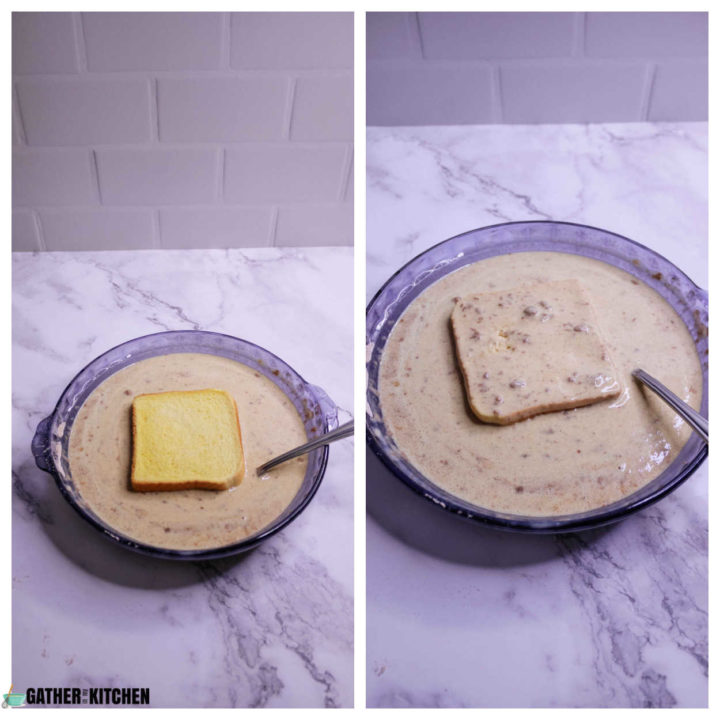 Collage - left bread with top not coated laying in French toast mix, right - bread with top coated in French toast mix.