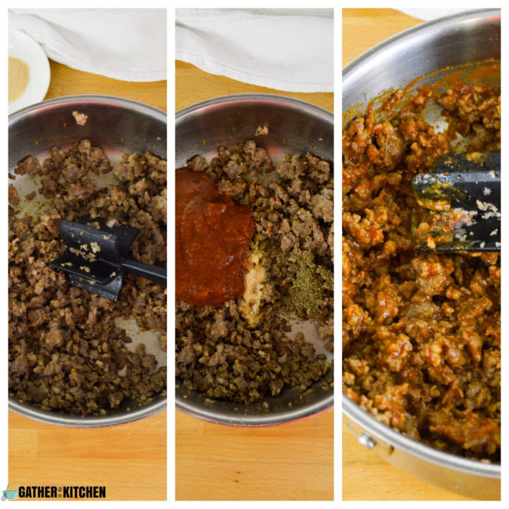 Collage - left to right: Italian sausage cooking, seasonings added to sausage, seasonings mixed into sausage.
