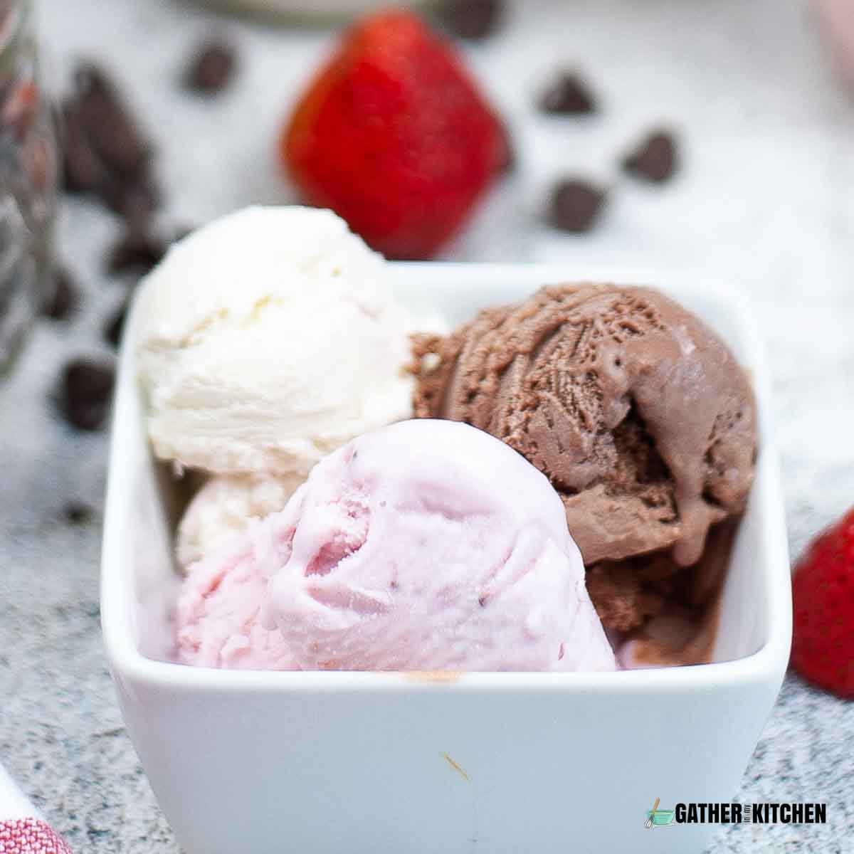 A scoop of vanilla, strawberry, and chocolate ice cream in a small bowl.