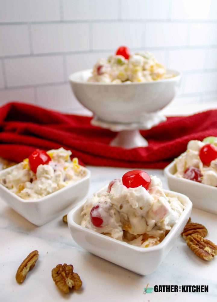 Bowls filled with ambrosia salad.