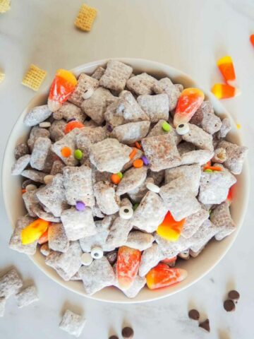 Halloween puppy chow in a bowl.