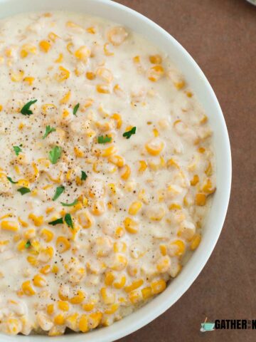 Top down view of slow cooker creamed corn.