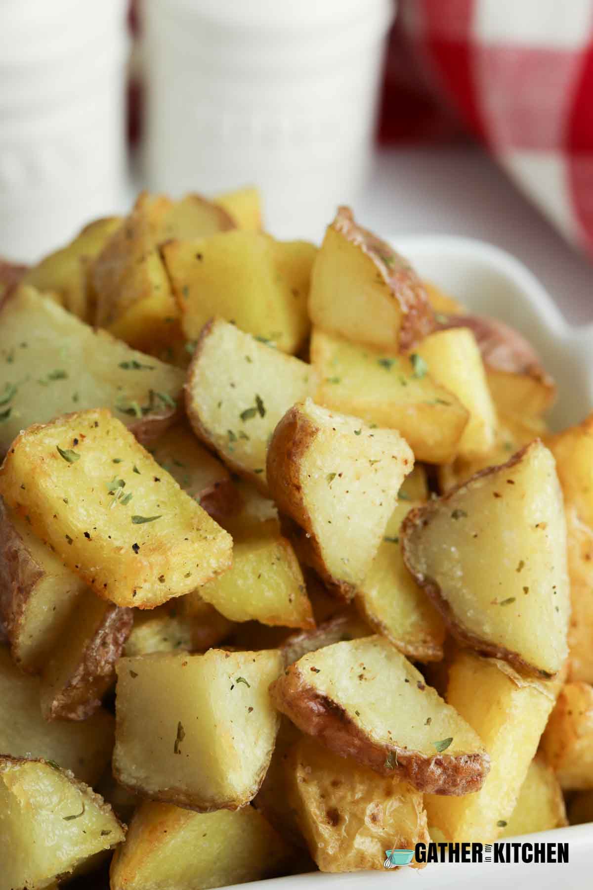 Closeup of fried potato pieces.