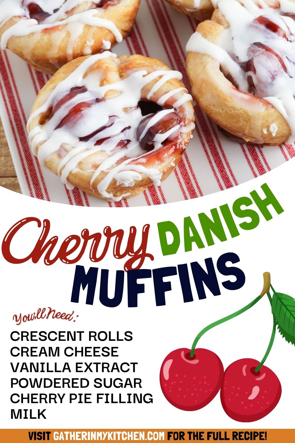 Cherry Danish muffins on top, with "Cherry Danish Muffins" and the ingredients underneath as well as an image of cherries.
