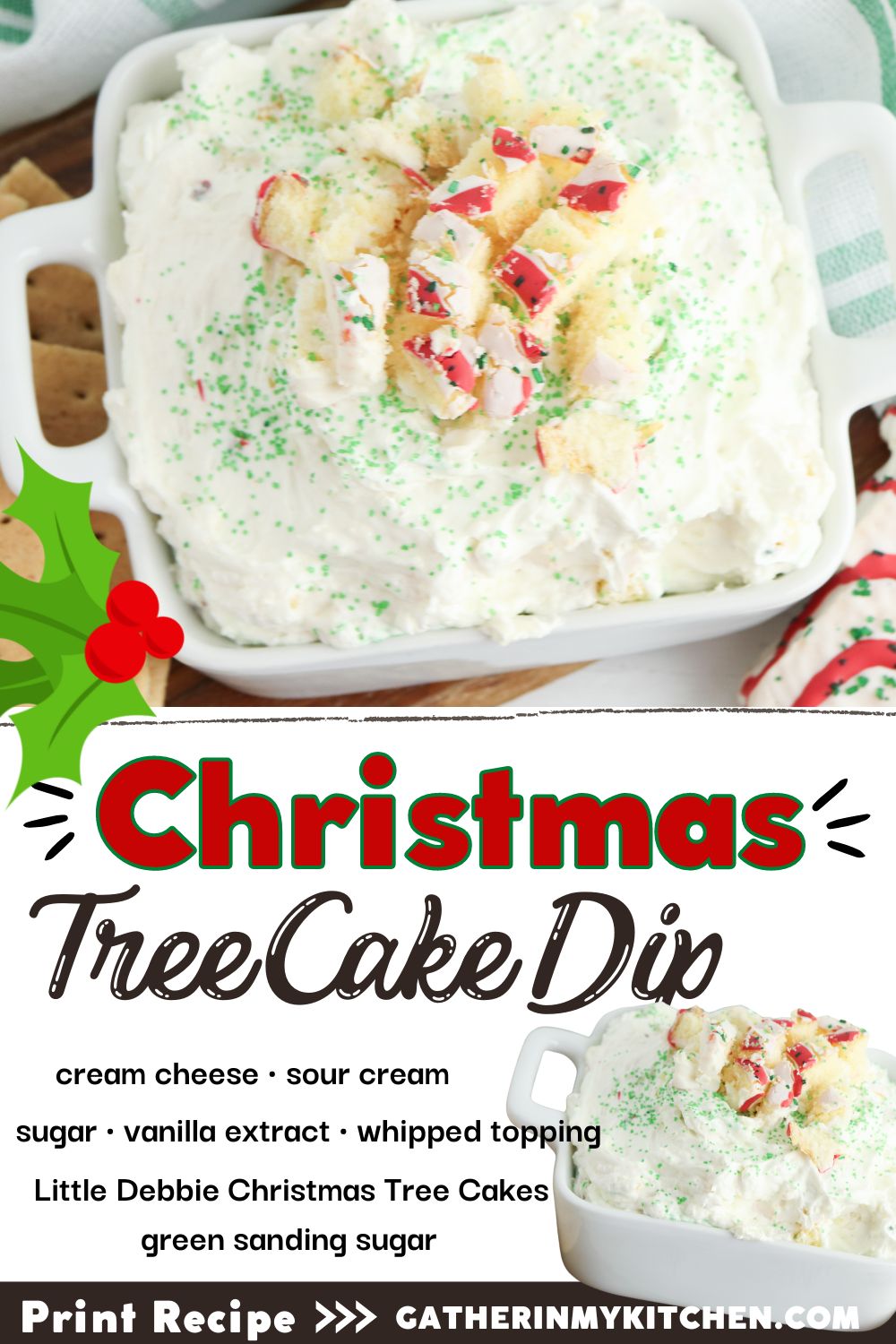 Top has pic of Christmas tree dip, bottom has "Christmas Tree Cake Dip" and ingredients listed below.
