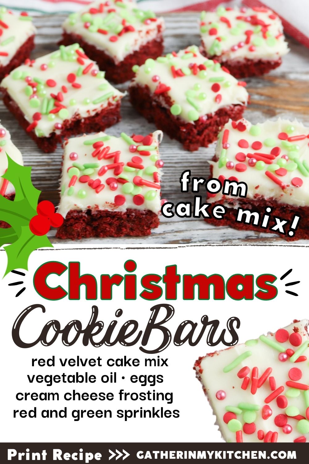 Top has red velvet cookie bars cut and separated, bottom has "Christmas Cookie Bars" with ingredients listed.