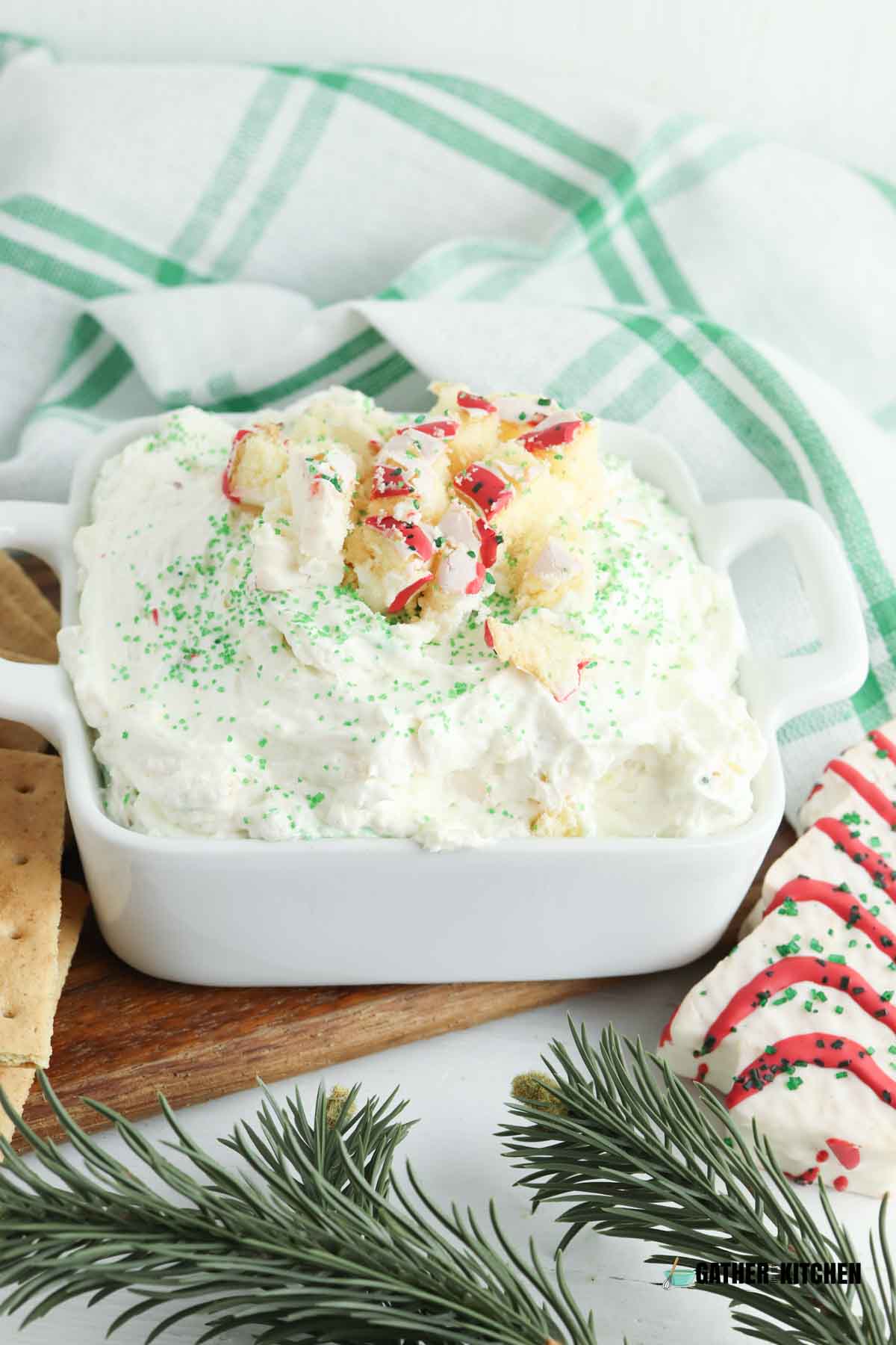 Christmas tree cake dip in a bowl.