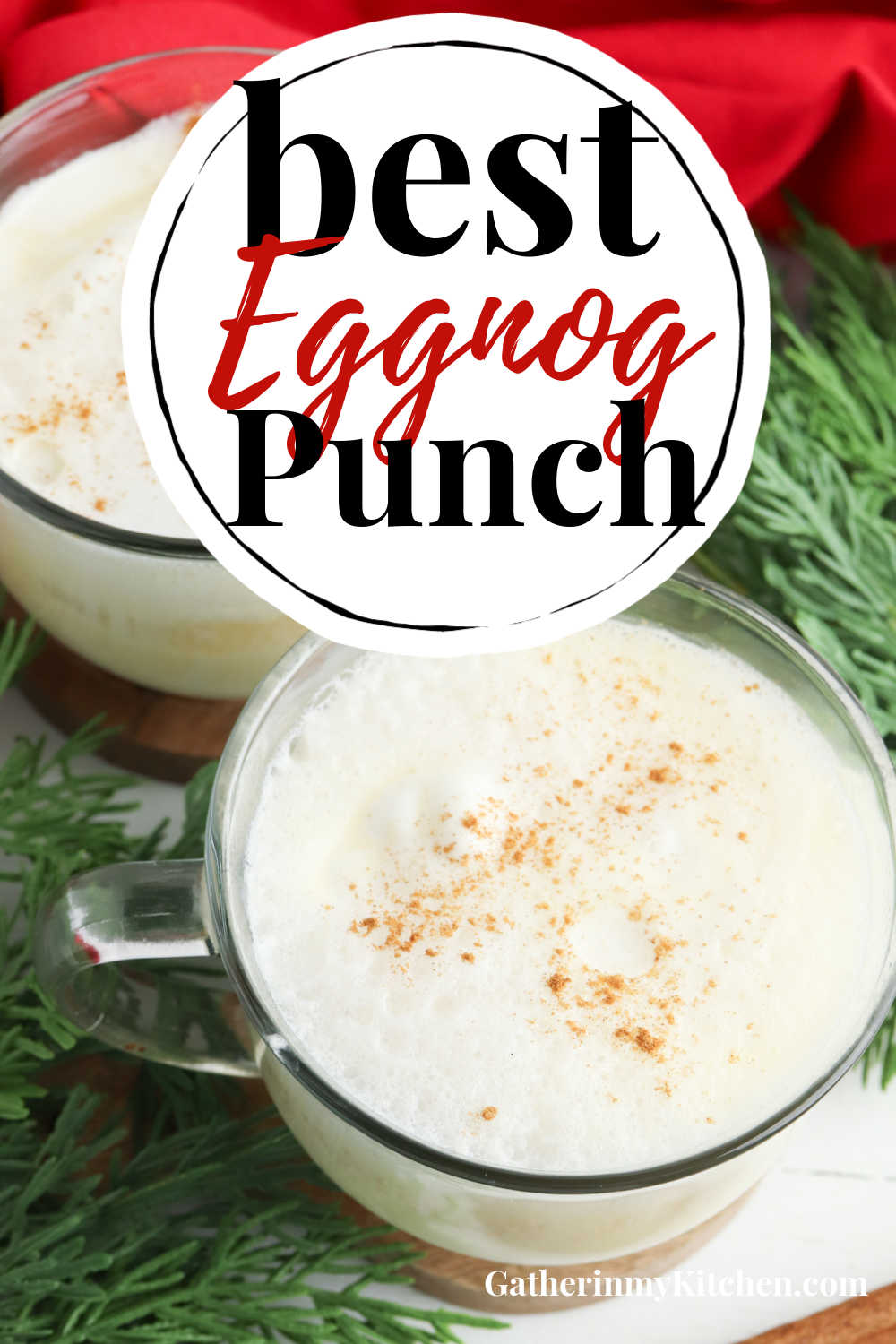 Pic of eggnog punch on bottom, top has a circle with "Best eggnog punch" in it.