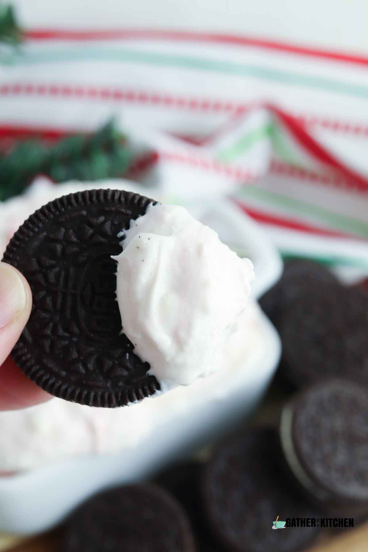 Oreo with peppermint dip on it.
