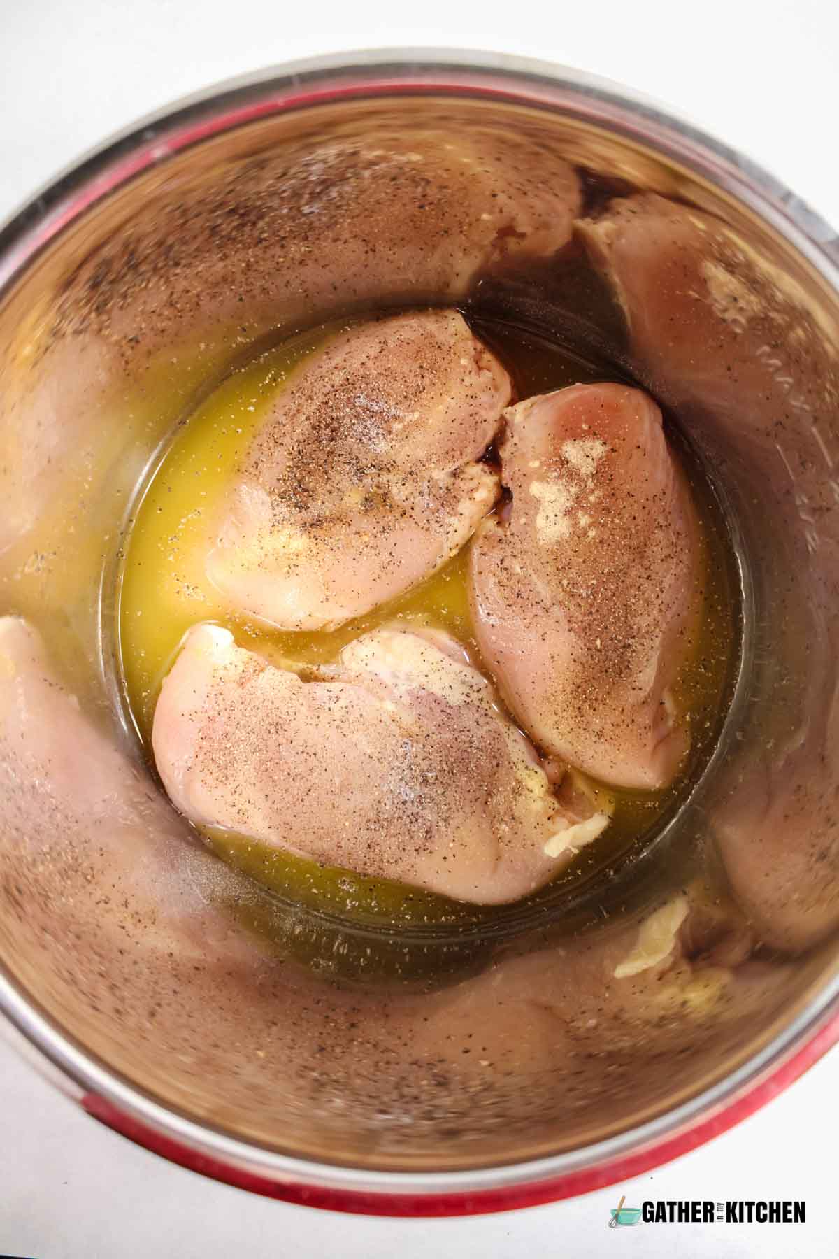 Raw seasoned chicken in bottom of Instant Pot.