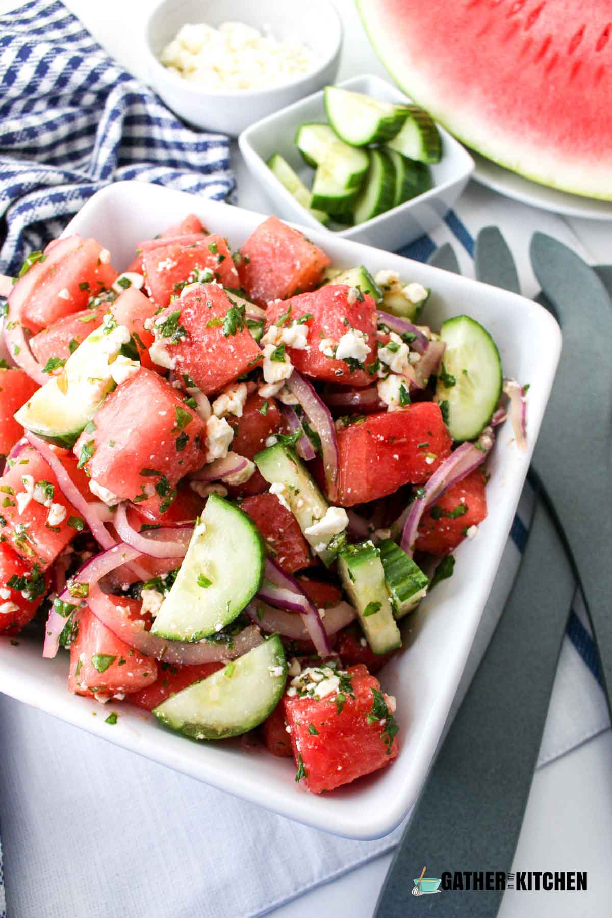 top down view at an angle of watermelon salad.