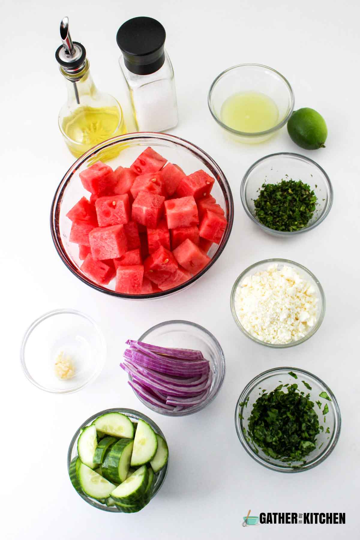 Ingredients for watermelon salad.