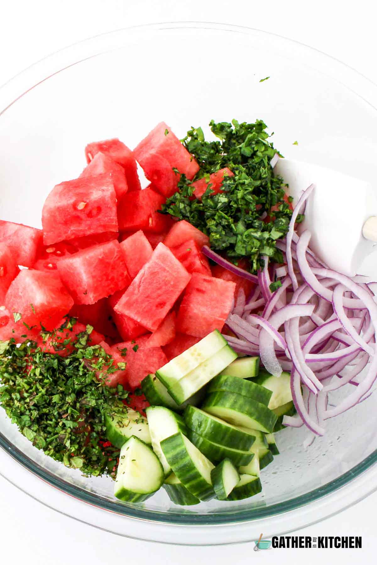 chopped watermelon, herbs, onions, and cucumbers in a bowl.