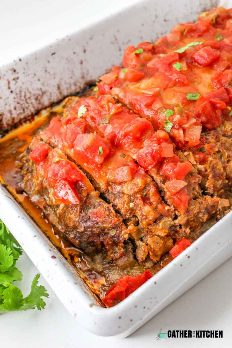 Mexican meatloaf in a casserole dish.