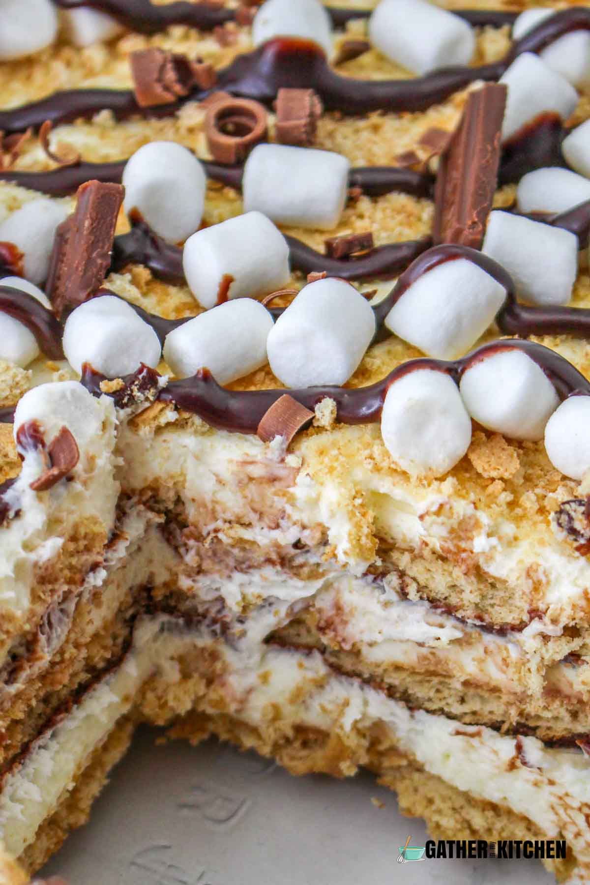 Closeup of the layers of s'mores icebox cake.