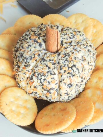 Pumpkin cheeseball on a plate with Ritz crackers surrounding it.