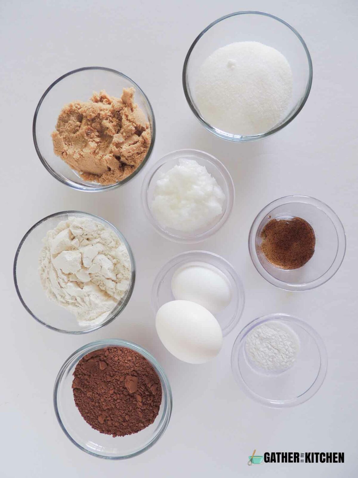 Ingredients: granulated sugar, coconut oil, vanilla extract, eggs, baking powder & salt, cocoa powder, all purpose flour, and brown sugar.