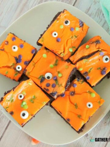 Top view of a plate of spooky brownies.