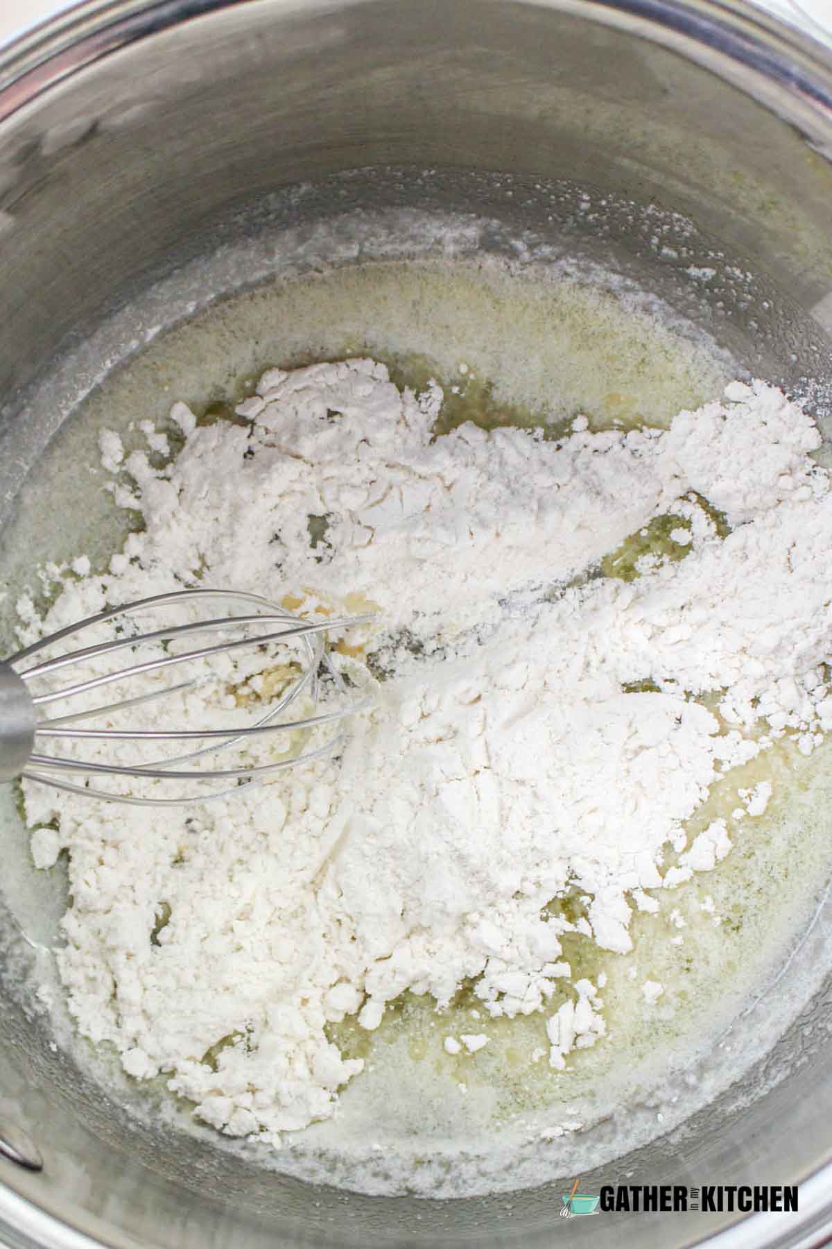 Flour added to melted butter.