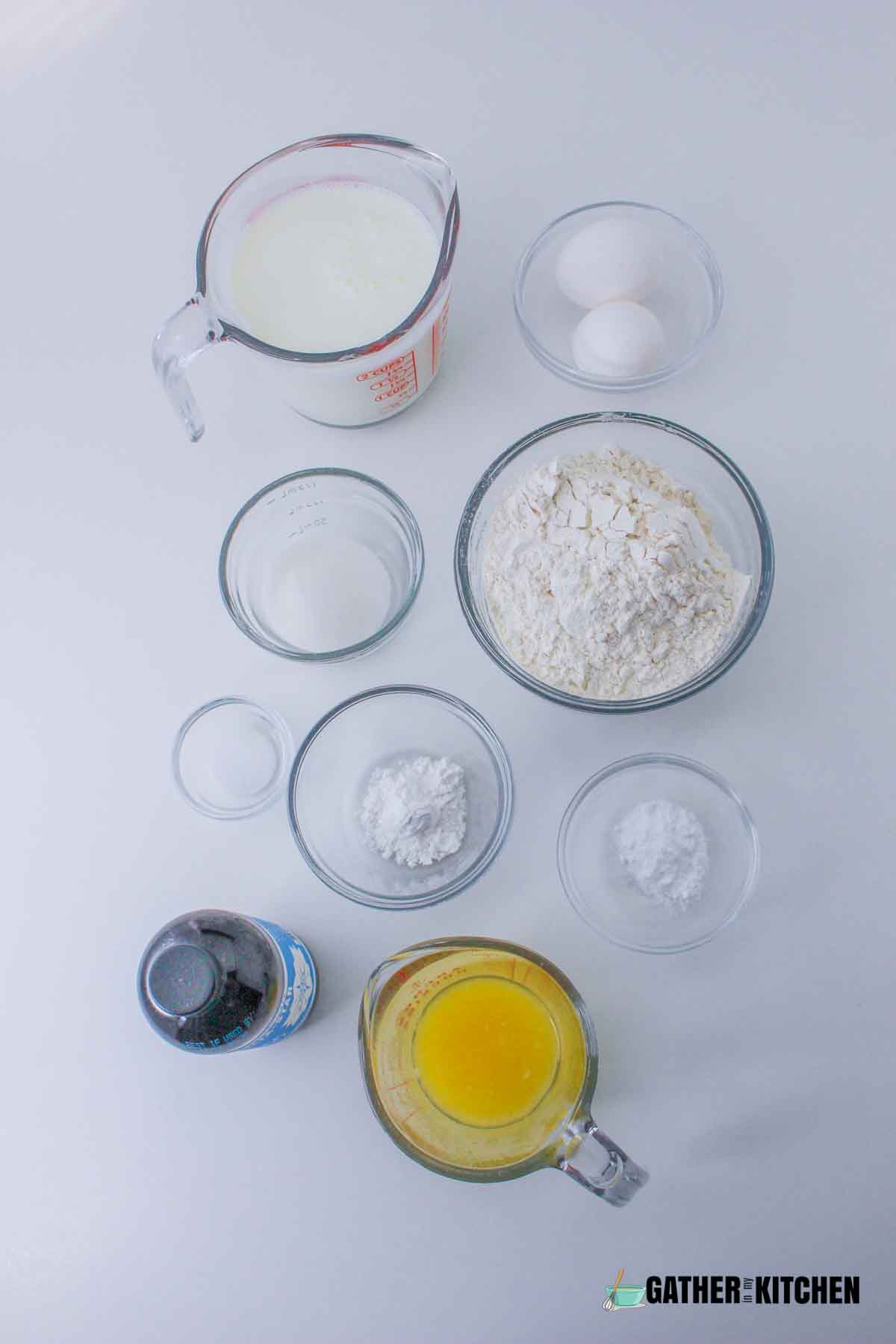 Ingredients: buttermilk, eggs, all-purpose flour, sugar, baking  powder, baking soda, salt, buttermilk, melted butter, and vanilla extract