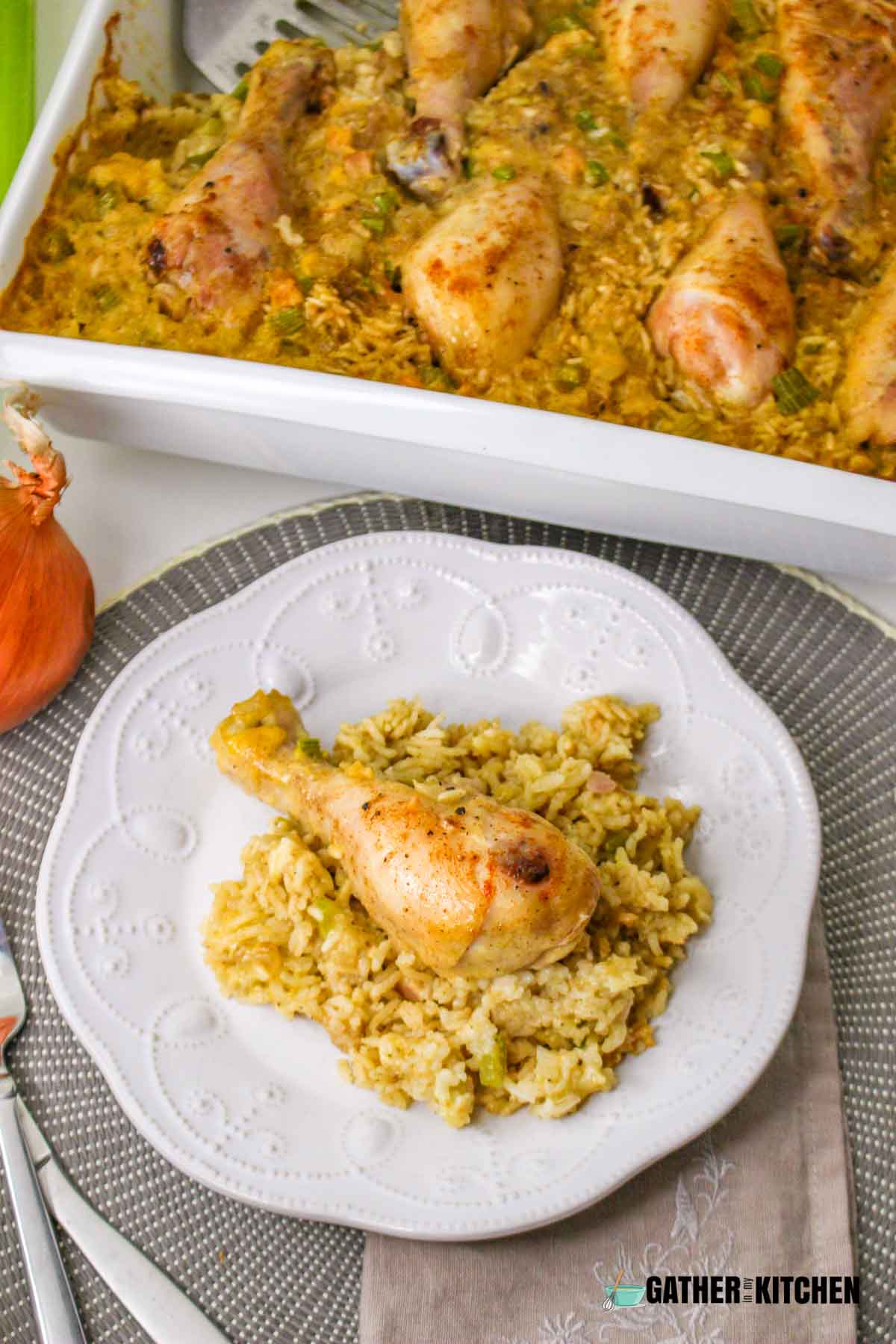 A plate of creamy chicken and rice casserole.