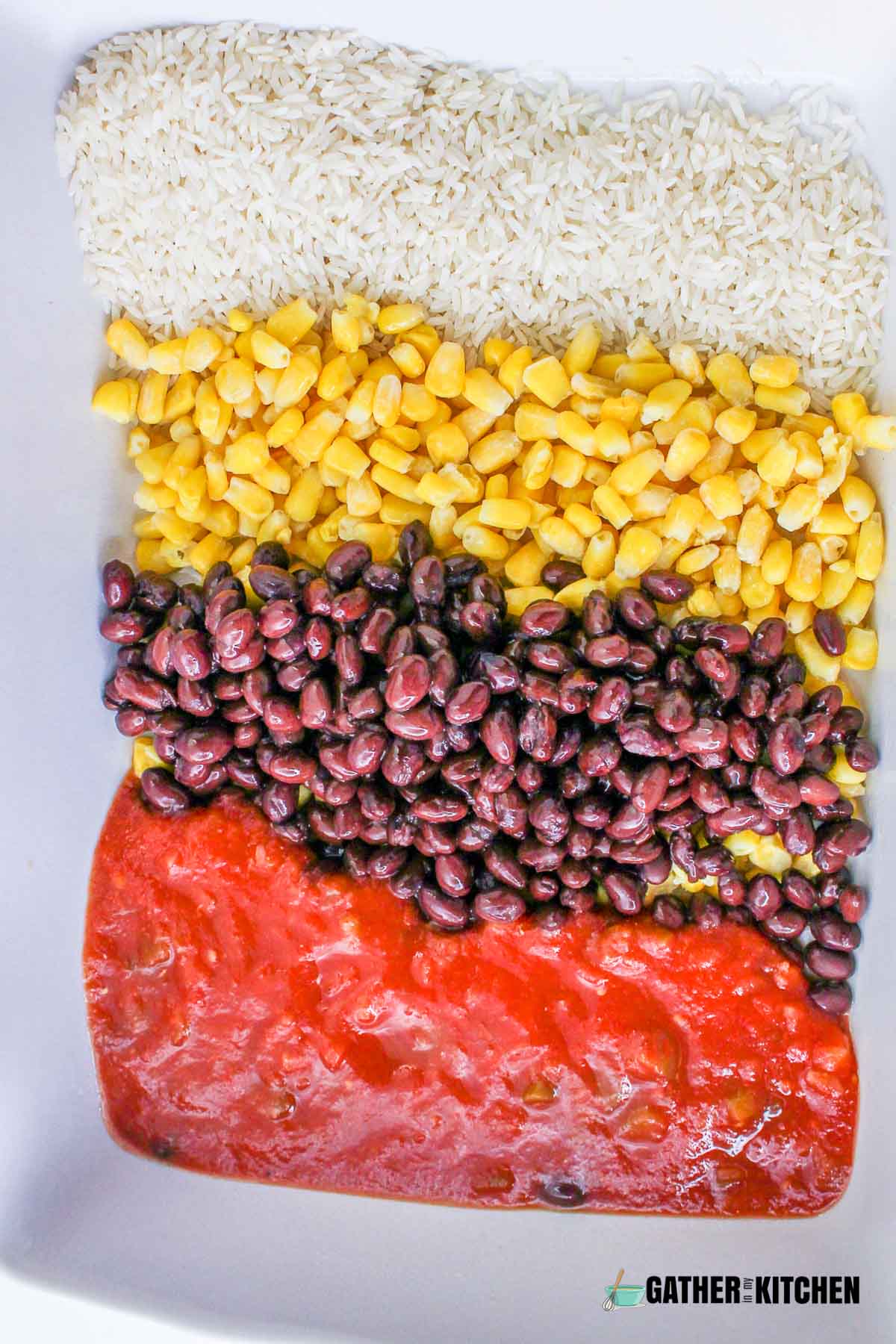 A mixture of black beans, salsa, corn and rice.
