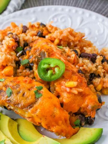 A plate of fiesta chicken and rice casserole.