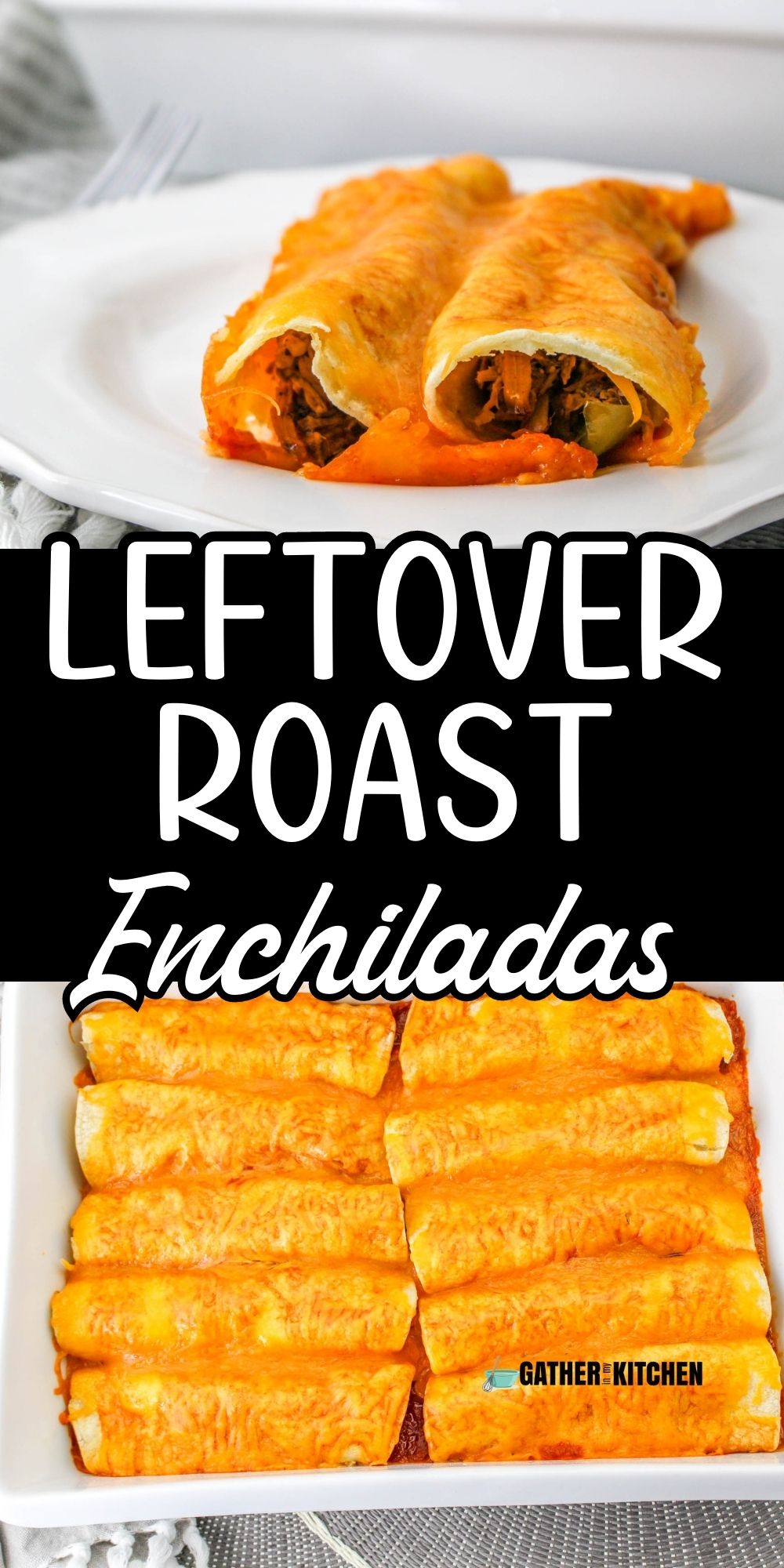 Pin image: top is a plate of enchiladas, middle says "Leftover Roast Enchiladas" and bottom is a tray of enchiladas.