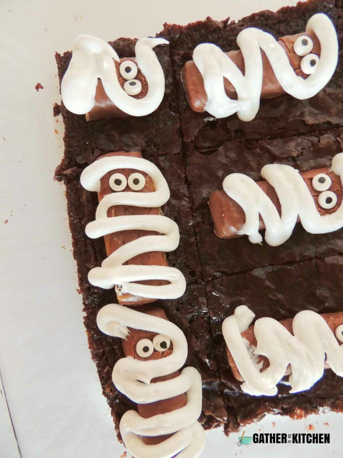 Closeup of a section of the whole mummy brownies tray.