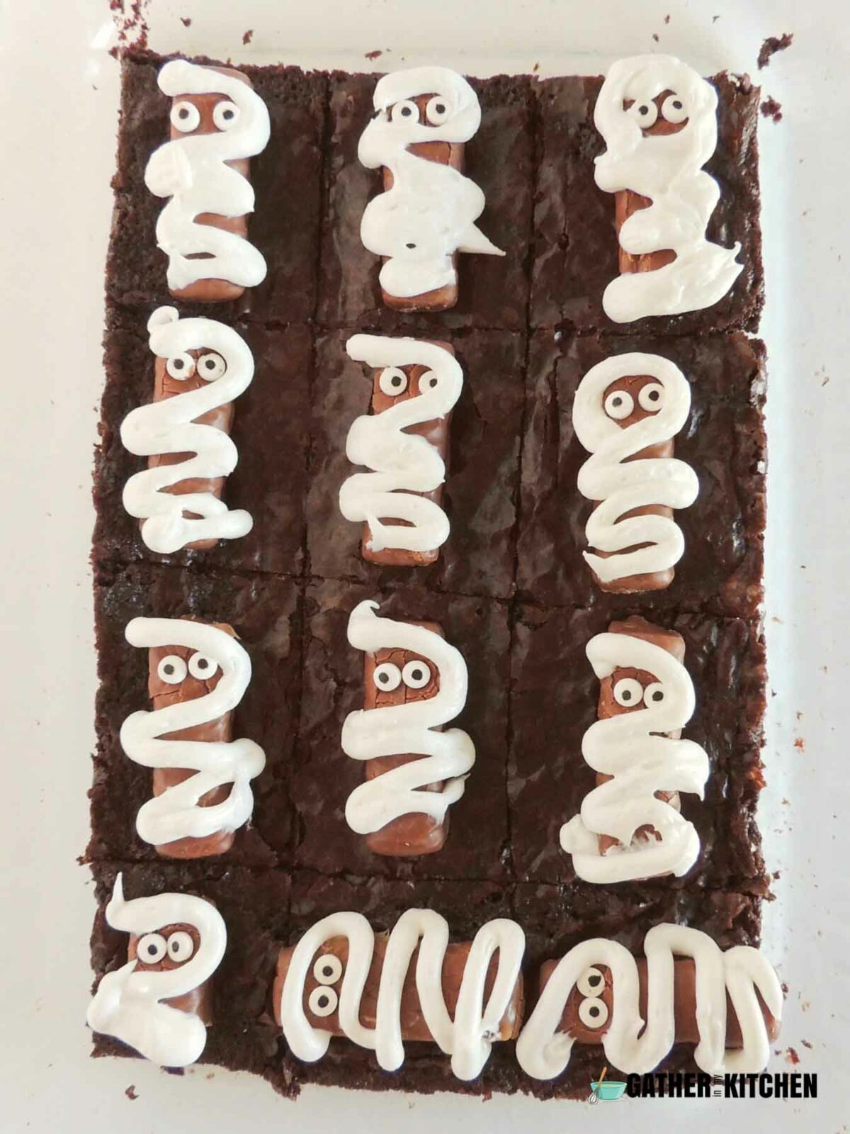 A whole tray of mummy brownies.