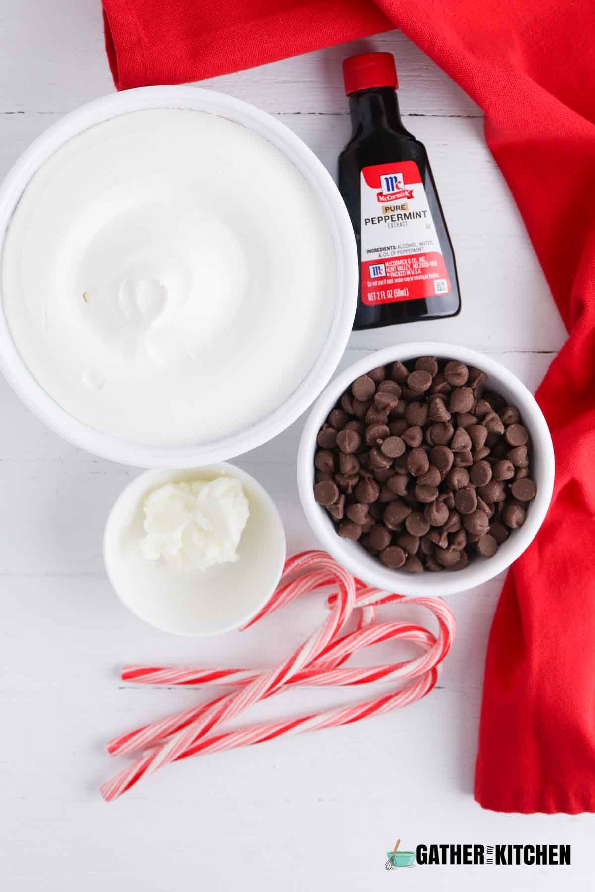 Ingredients: Cool Whip, milk chocolate chips, peppermint extract, vegetable shortening, and candy canes.