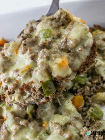 A spoonful of philly cheesesteak casserole.