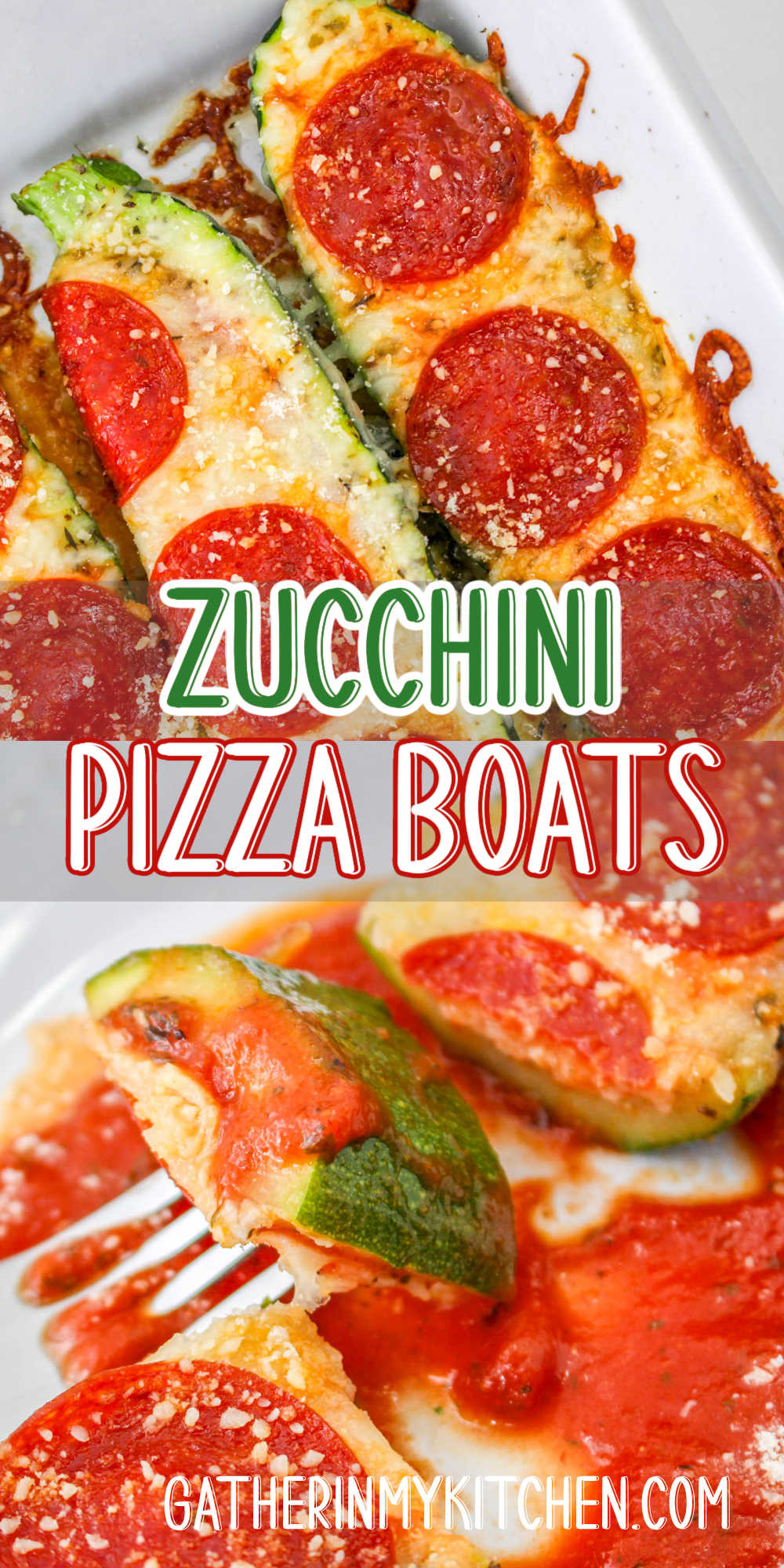 Pin image: top and bottom have zucchini pizza boats and middle says "Zucchini Pizza Boats".