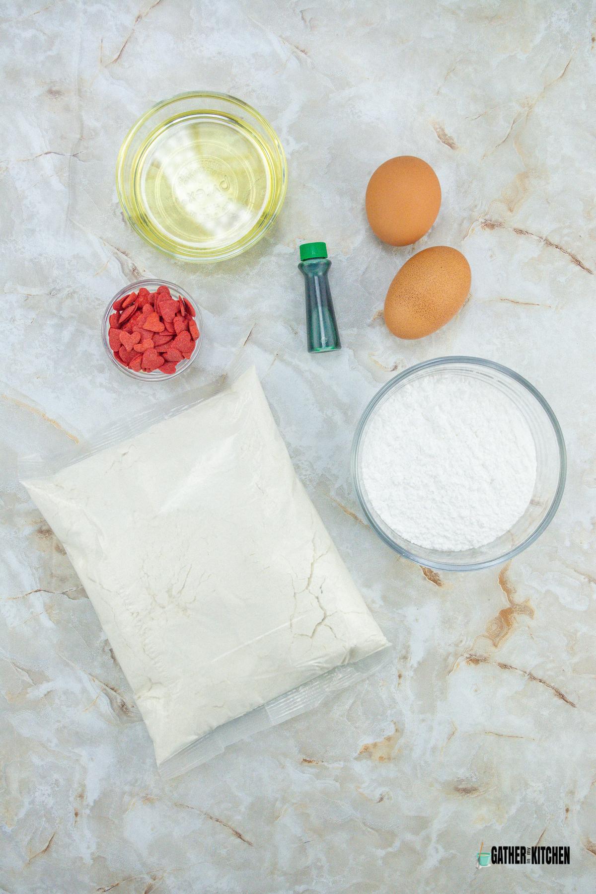 ingredients: eggs, sugar, cake mix, oil, food coloring, sprinkles