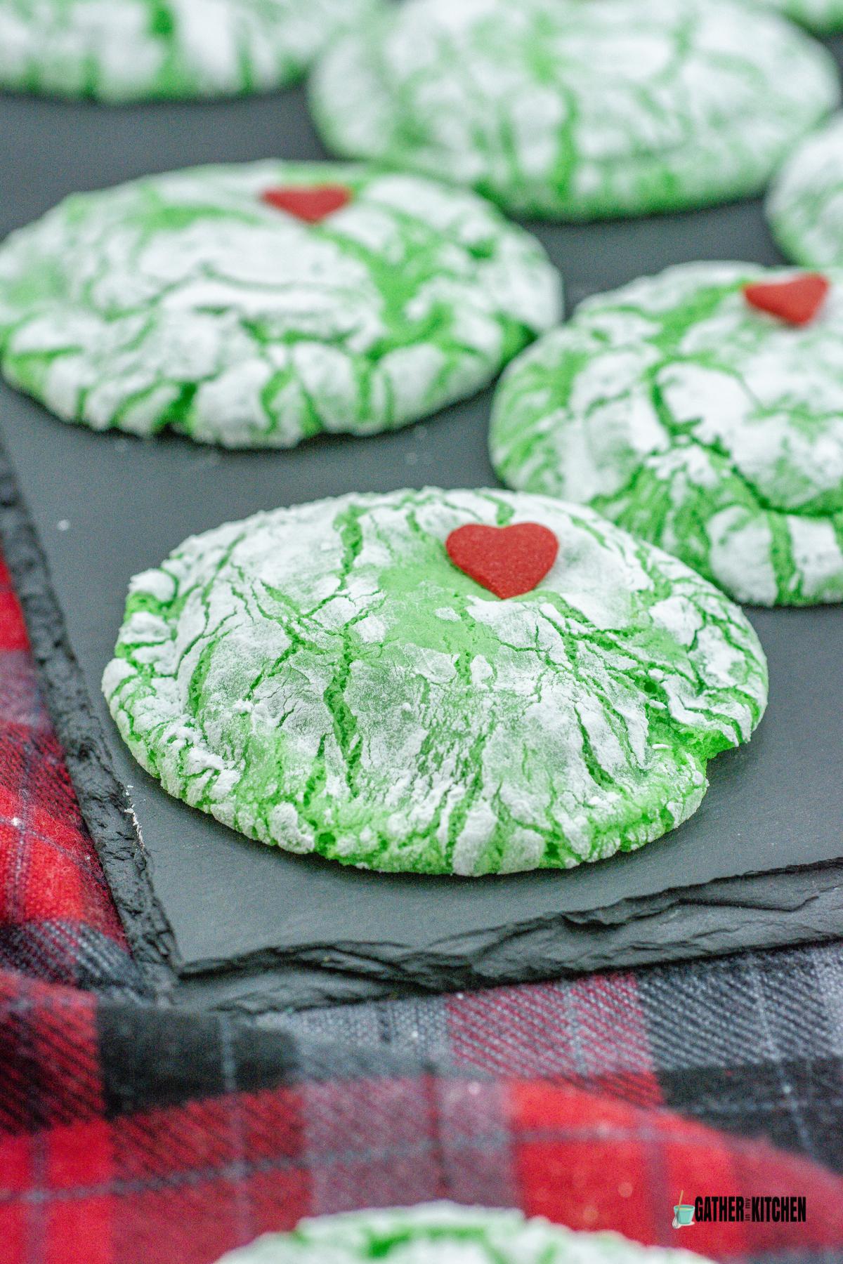 Closeup of a Grinch cookie.