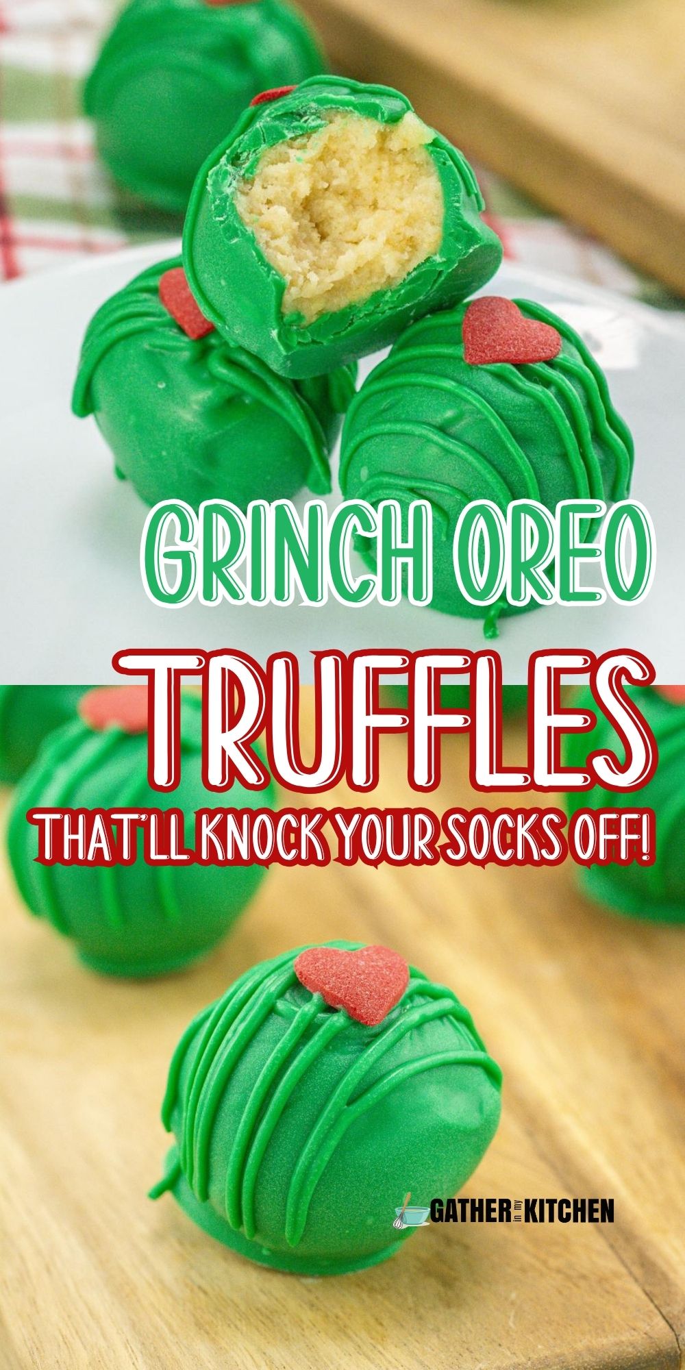 Pin image: top is a pile of oreo truffles, middle says "Grinch Oreo Truffles That'll Knock Your Socks Off" and bottom is a closeup of a Grinch Oreo Truffle