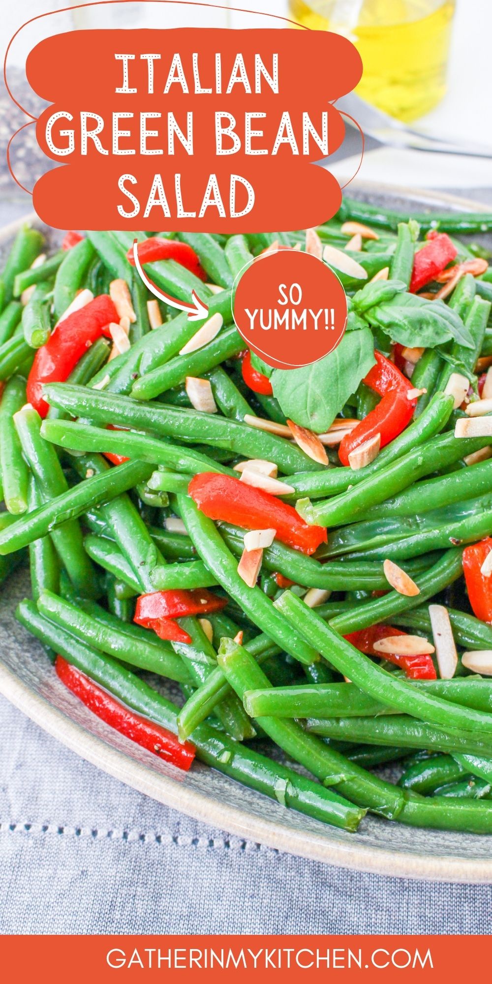 Pin image: tops says "Italian Green Bean Salad" and background is a plate of green bean salad.