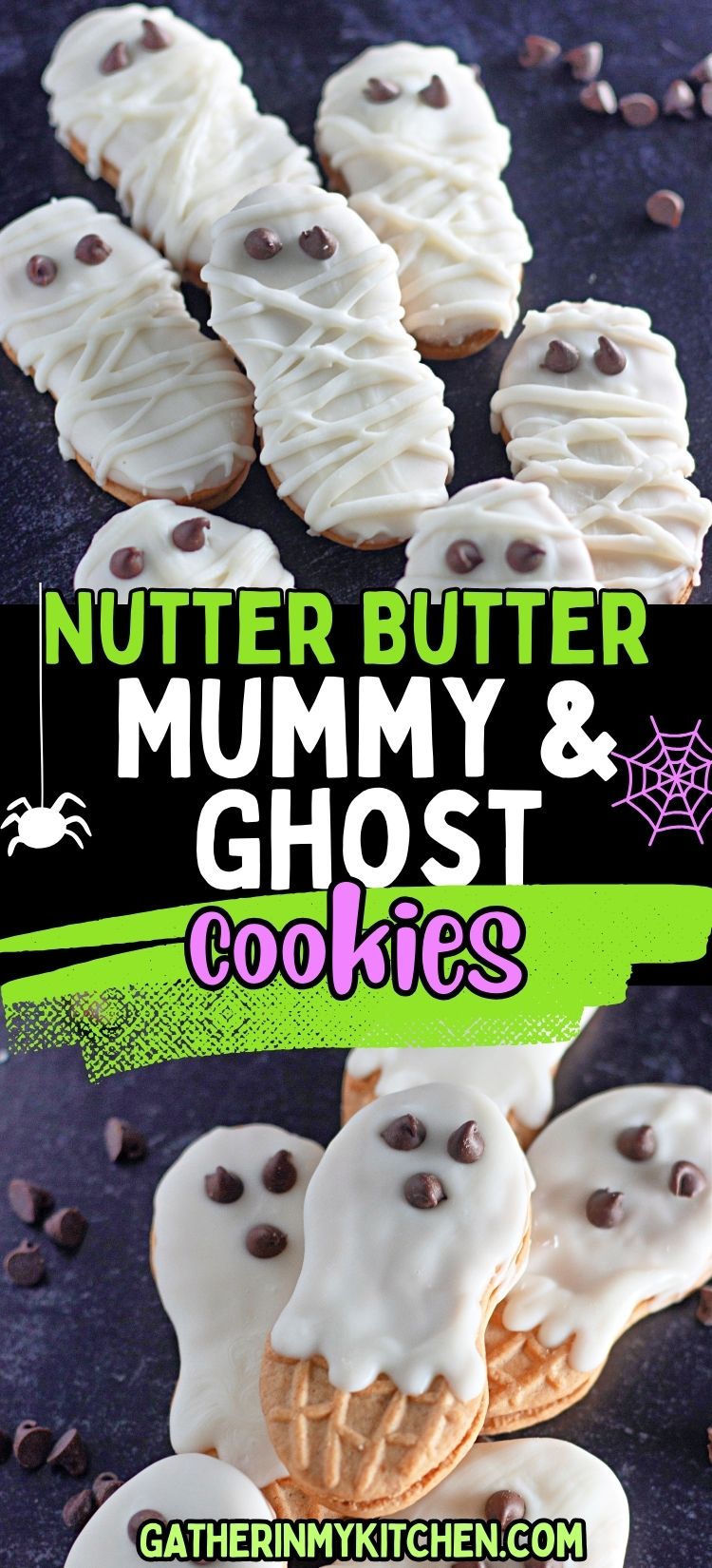 Pin image: top is a pieces of nutter butter mummy ghost cookies laid out on a table, middle says "Nutter Butter Mummy & Ghost Cookies" and bottom is a closeup of ghost cookies.