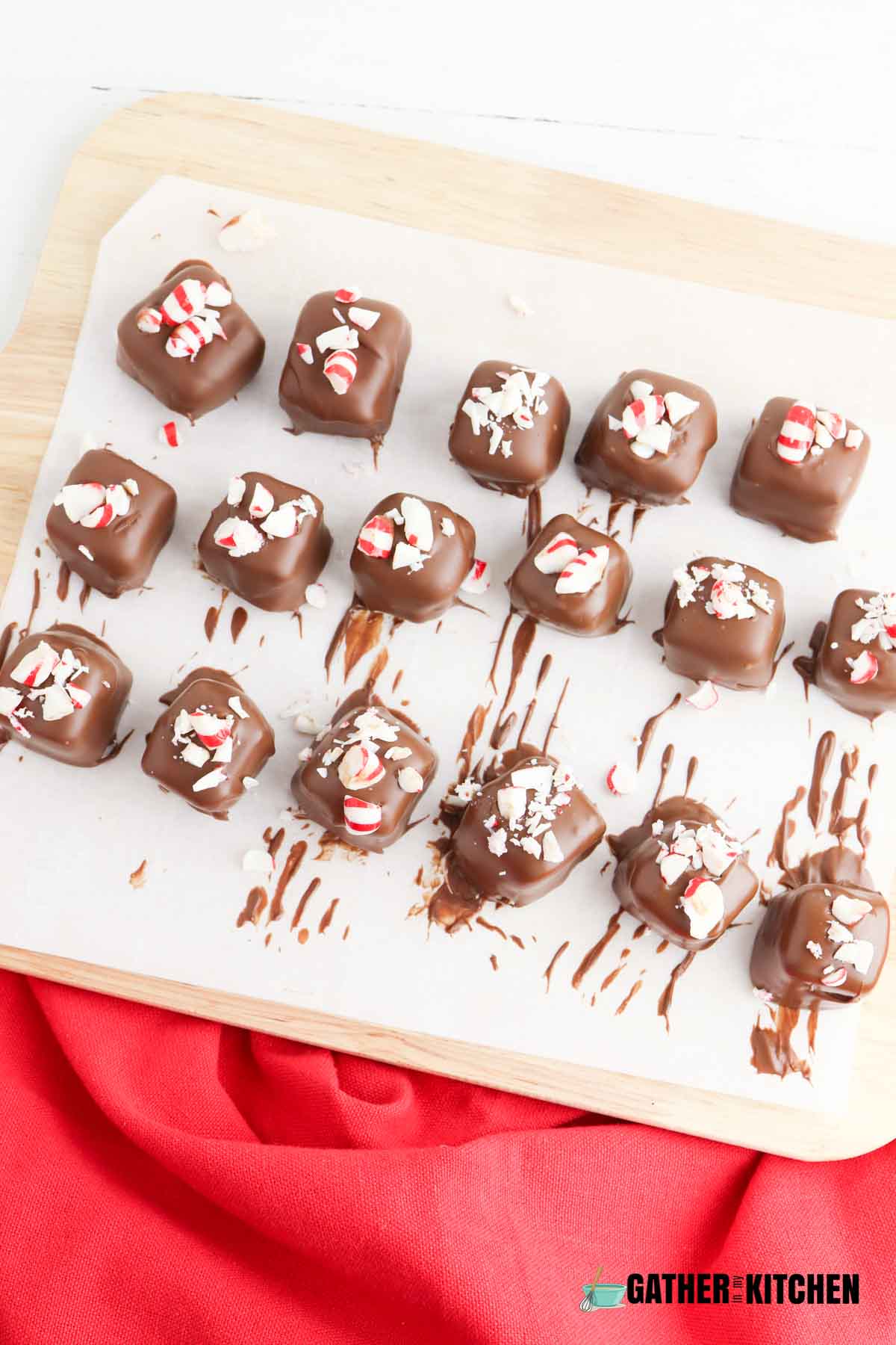 Chocolate squares with crushed peppermint candy on top.