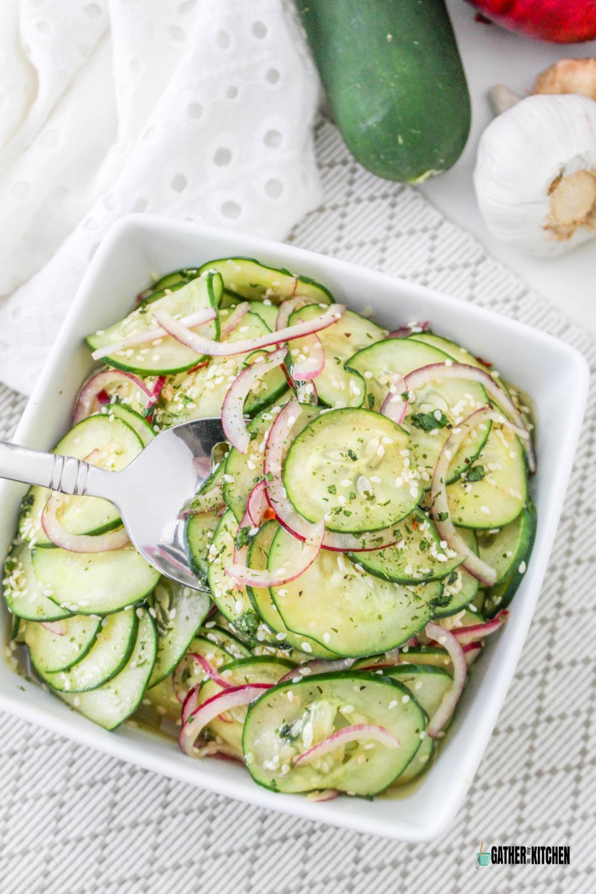 Top down view of Easy Asian Cucumber Salad