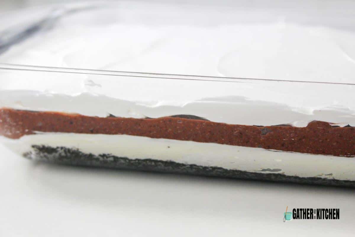 Side view of layers of chocolate lush.