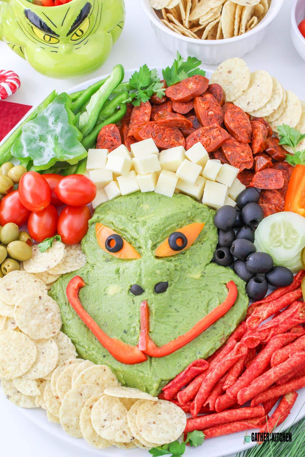 Top down view of Grinch charcuterie board.