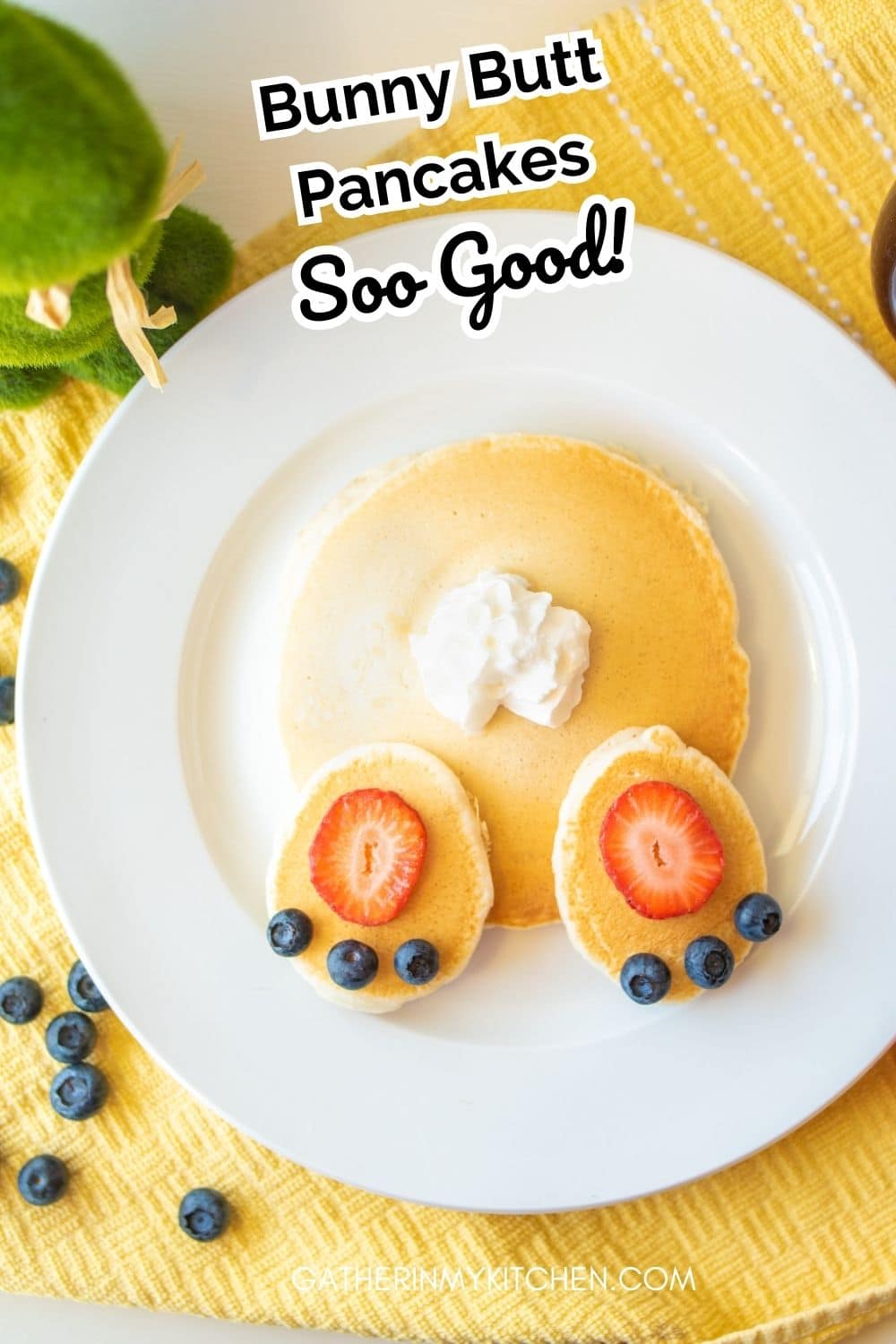 Pin image: bunny butt pancake with "Bunny Butt Pancakes: so good!" overlaid.