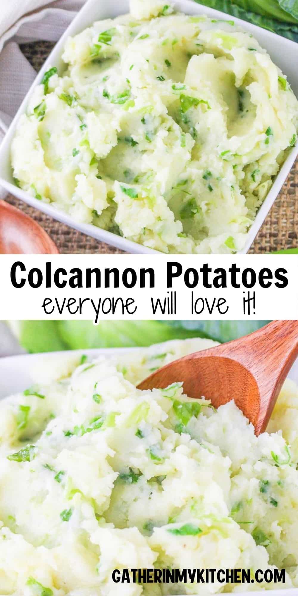 Pin Image: Top and bottom have pics of colcannon potatoes and middle says "Colcannon Potatoes everyone with love".