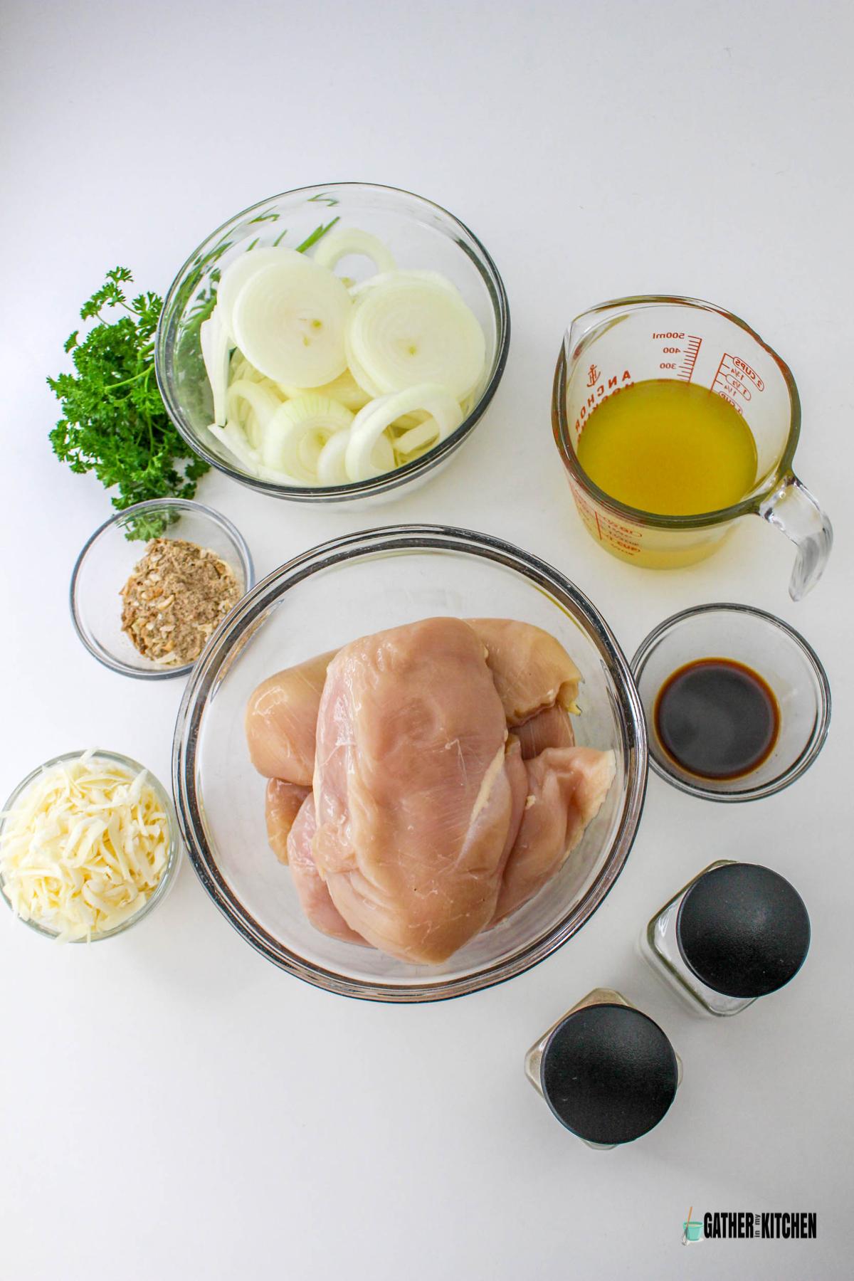 Ingredients for slow cooker French onion chicken.
