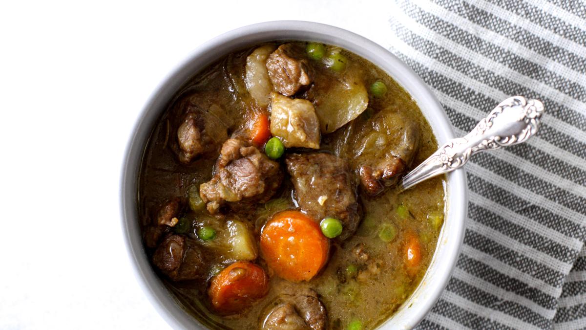 Top down view of Irish Stew in a bowl.