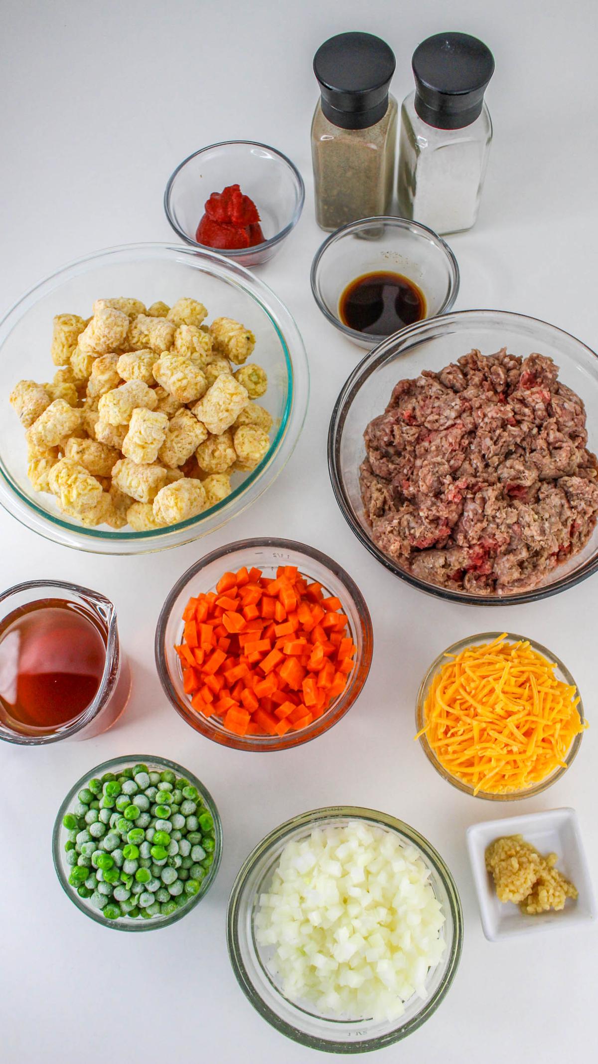 Ingredients for shepherds pie with tater tots.